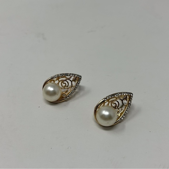 Gold Tone Swirl Faux Pearl Drop Stud Earrings with Rhinestones - Picture 6 of 8
